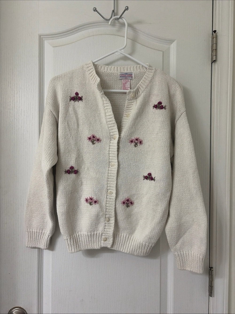 Vintage Lydia Jane Hand Knitted Sweated Cardigan Size L Floral Embroidery